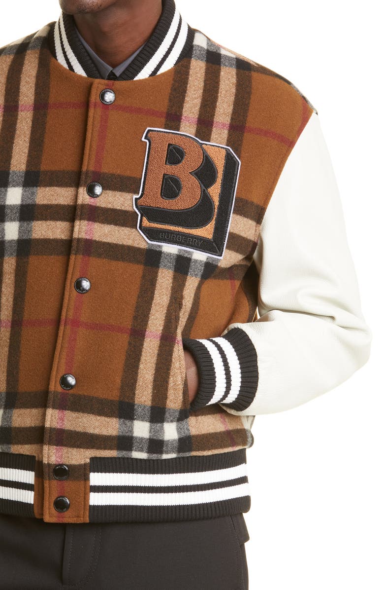 Burberry Felton B Logo Check Wool Blend Varsity Jacket, Alternate, color,