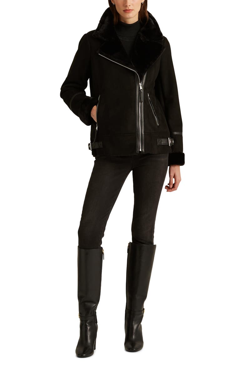Faux Shearling Moto Jacket, Alternate, color, BLACK