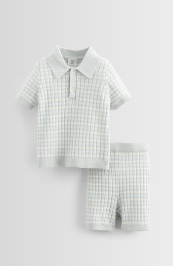 Stripe Pointelle Polo Sweater & Shorts Set