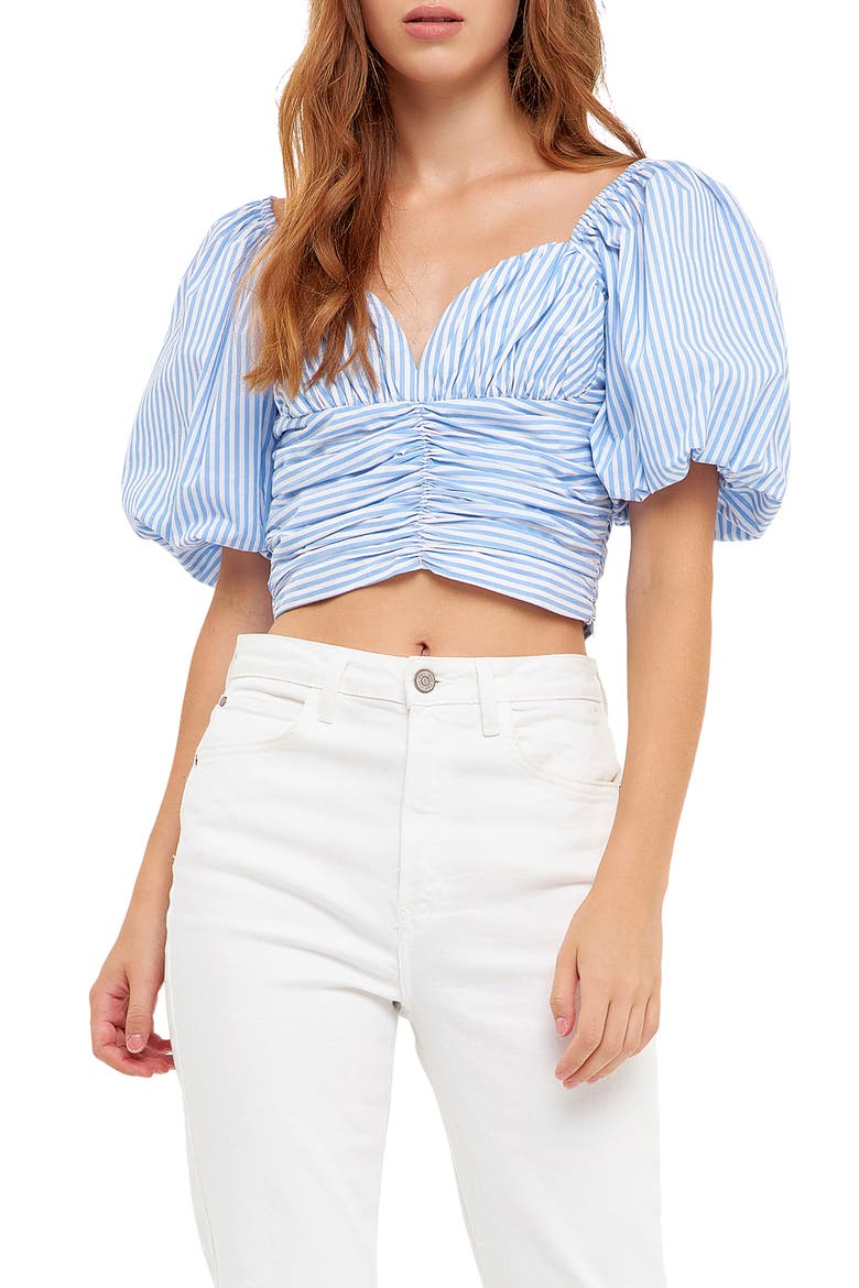 Ruched Puff Sleeve Crop Blouse, Main, color, BLUE STRIPE