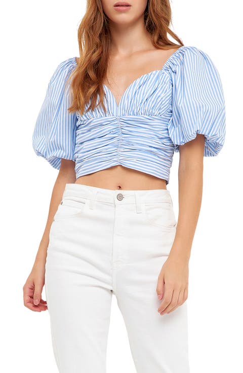 Ruched Puff Sleeve Crop Blouse