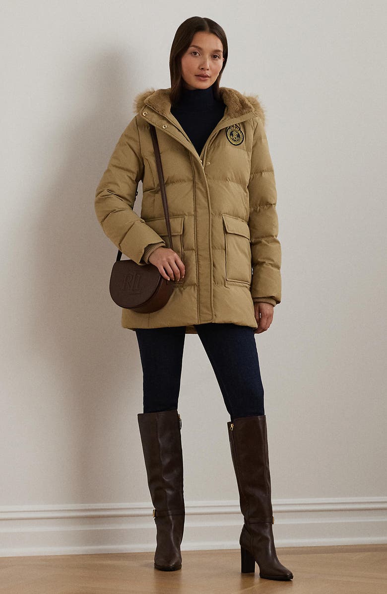 Lauren Ralph Lauren Crest Patch Down & Feather Fill Hooded Coat, Alternate, color, Birch Tan