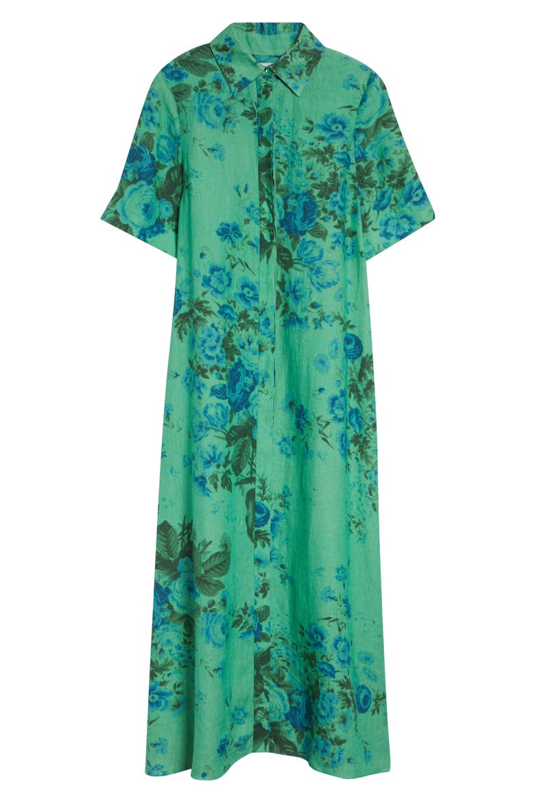 Floal Print Tie Waist Linen Shirtdress, Alternate, color, ROSE BOUQUET SEA GREEN