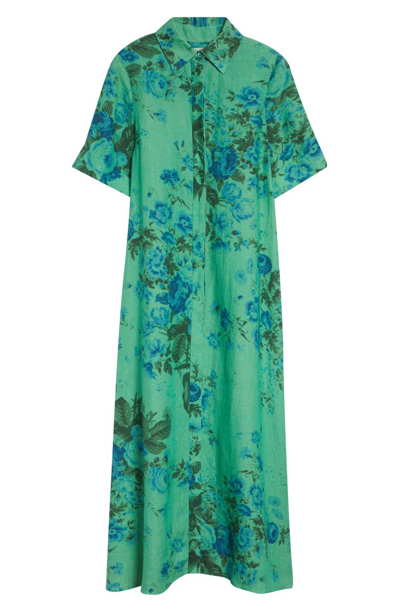 Erdem Floal Print Tie Waist Linen Shirtdress, Alternate, color, Rose Bouquet Sea Green