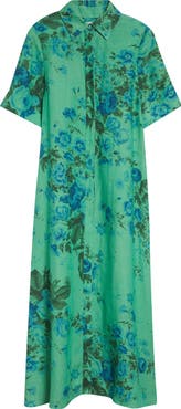 Erdem Floal Print Tie Waist Linen Shirtdress