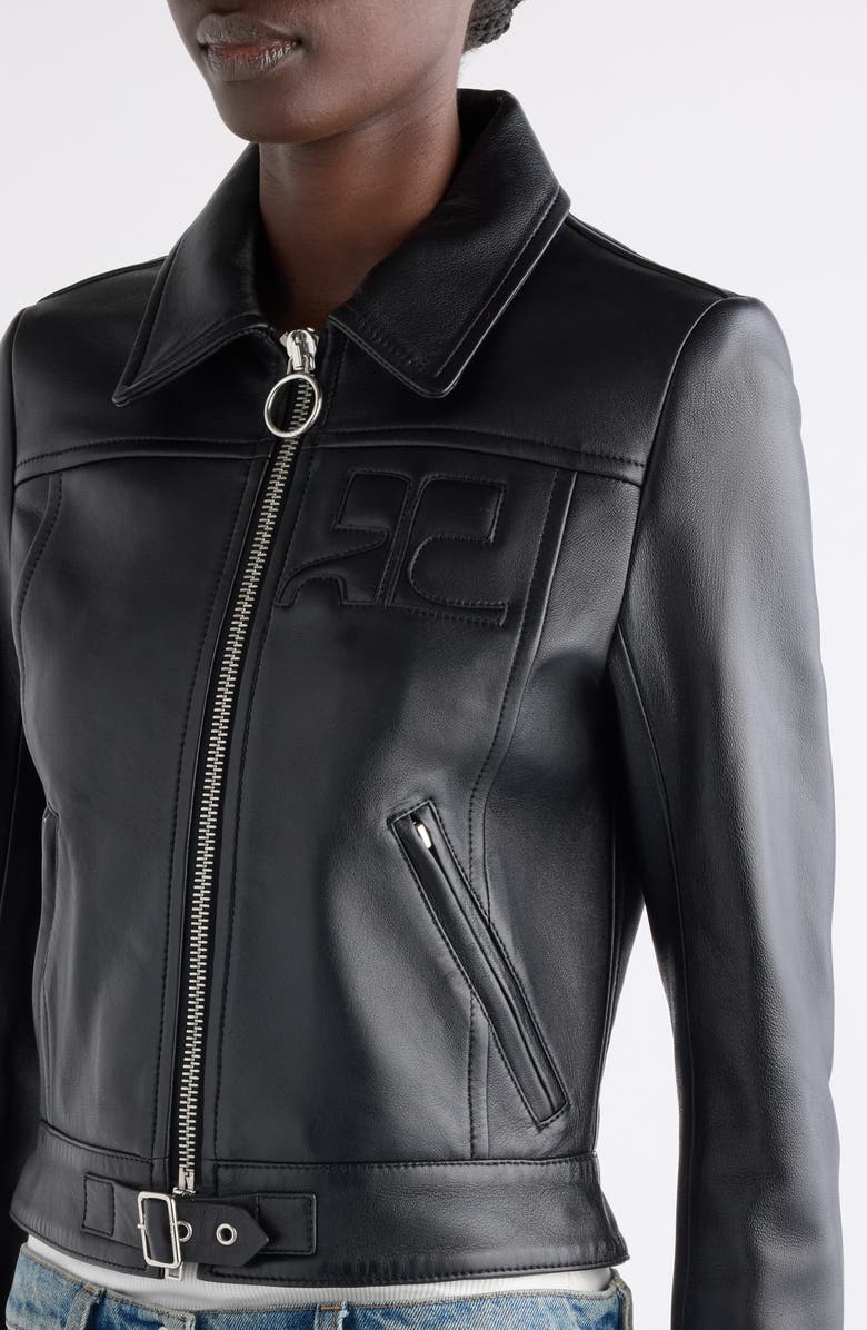 Courrèges Iconic Zip Lambskin Leather Jacket, Alternate, color, Black