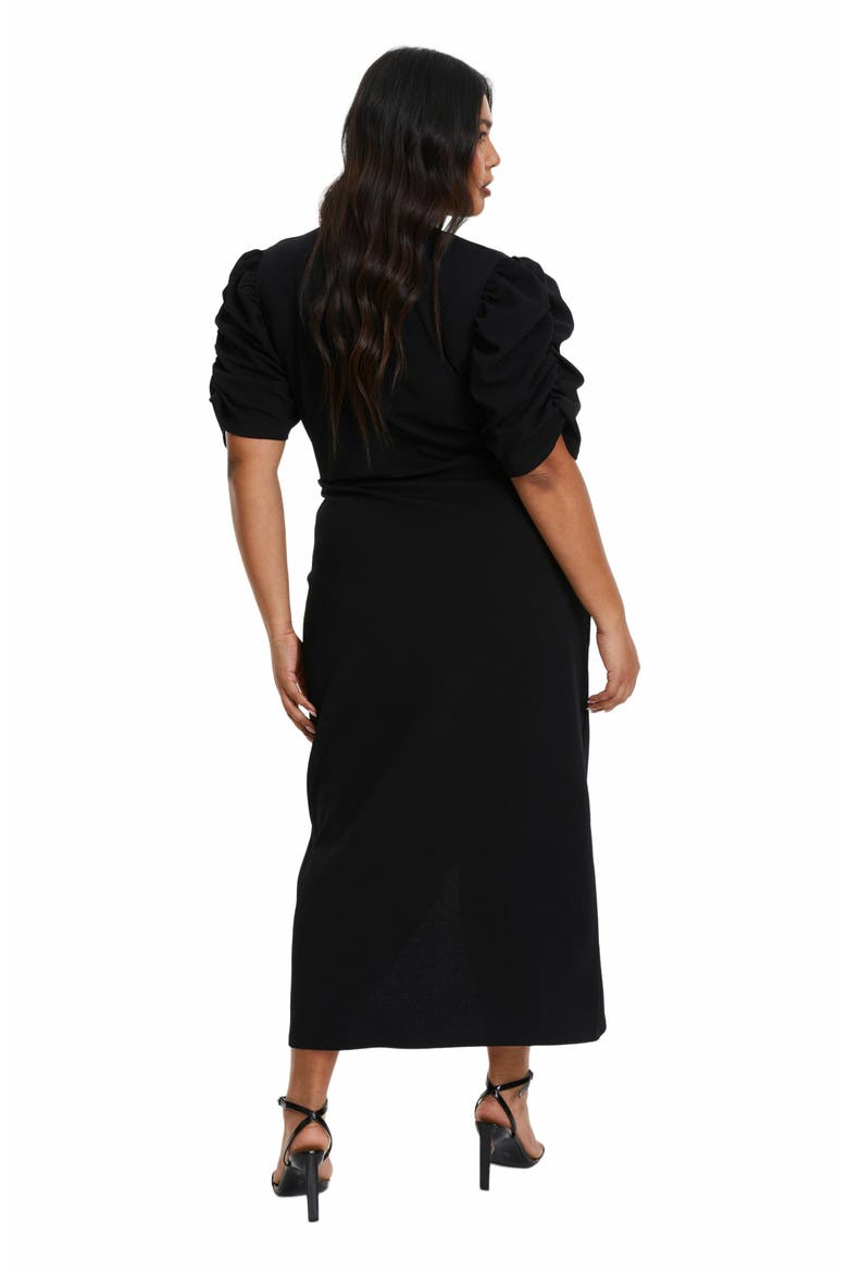 Wrap Pleated Ruched Sleeve Midi Dress, Alternate, color, Black