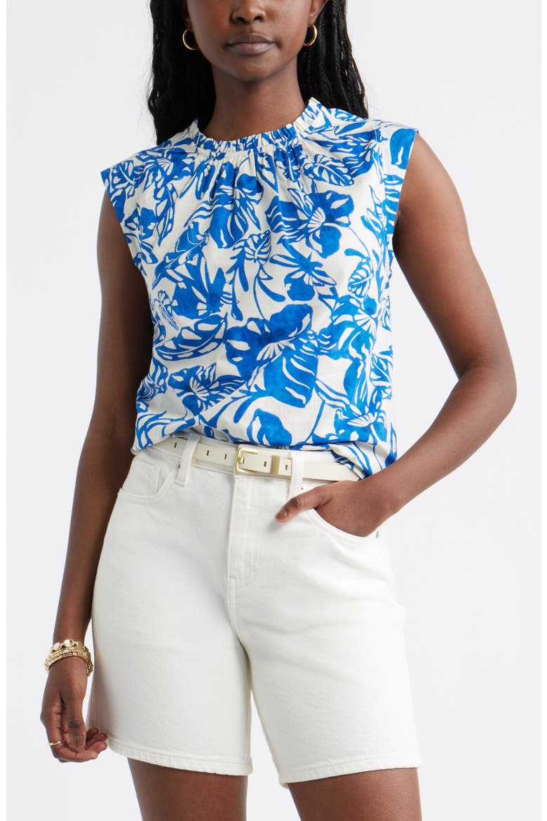 Floral Print Ruffle Trim Cotton Top, Main, color, IVORY- BLUE ELLIE BLOSSOM