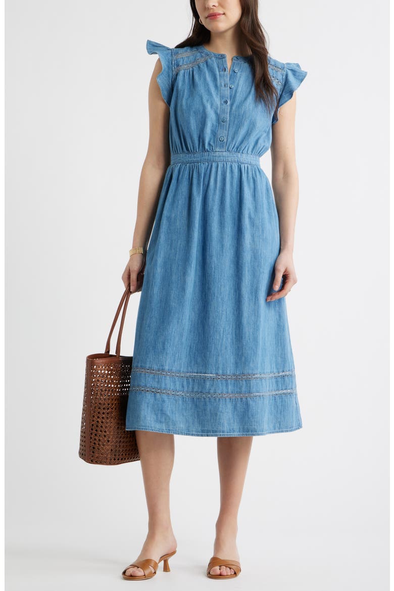 Flutter Sleeve Chambray Dress, Alternate, color, MEDIUM WASH