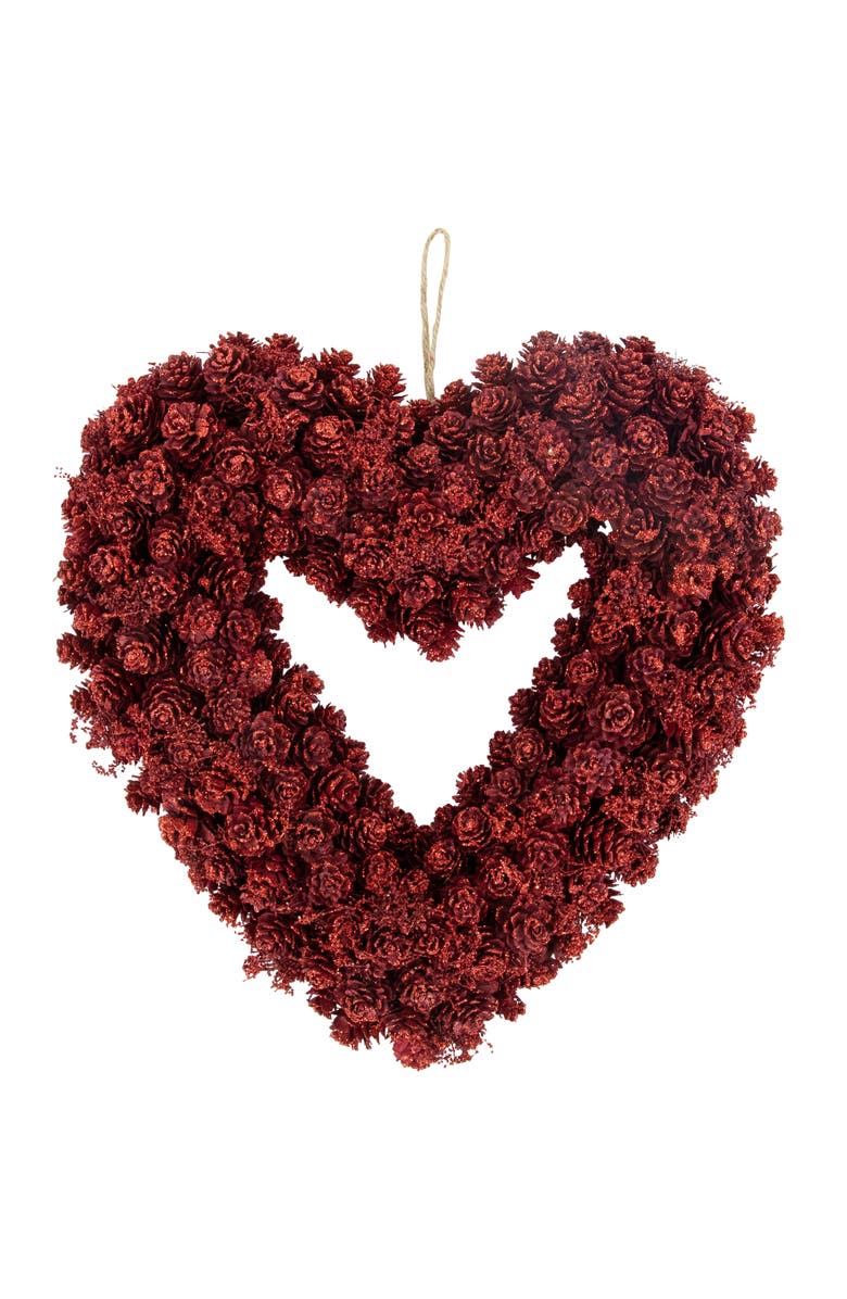Northlight Pine Cone Rose Valentine's Day Wooden Heart Wreath - 14" - Red, Main, color, Red
