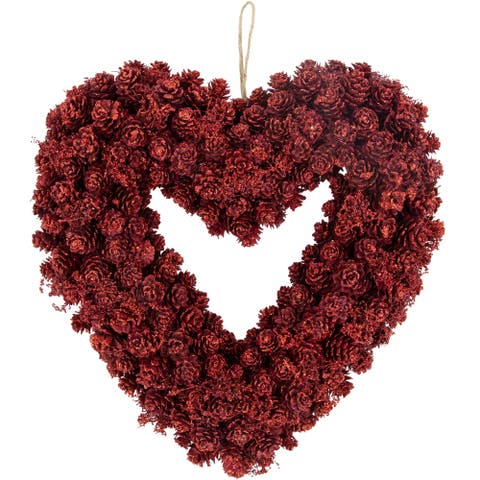 Pine Cone Rose Valentine's Day Wooden Heart Wreath - 14" - Red