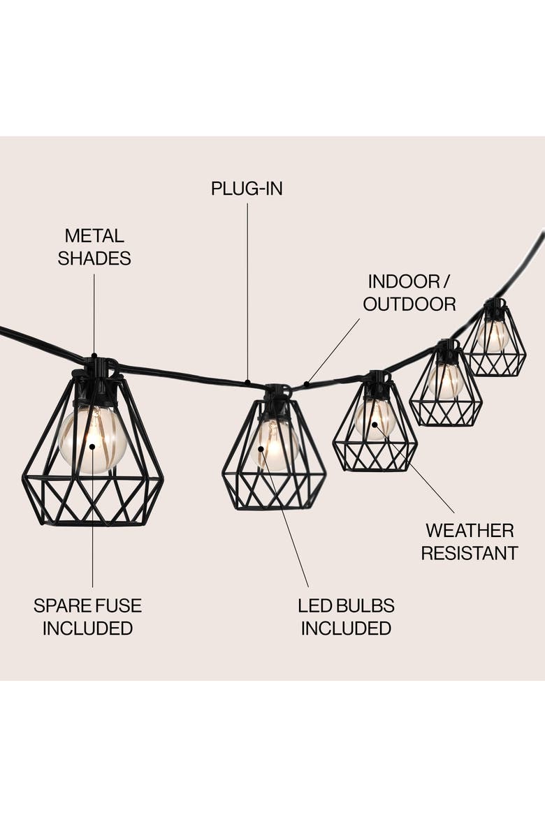 10-Light Indoor/Outdoor Contemporary Transitional Incandescent G40 Diamond Cage String Lights, Alternate, color, Black