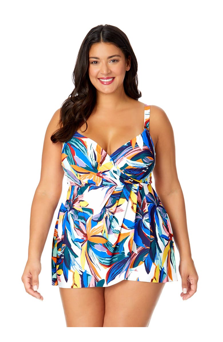 Anne Cole Plus Women's Plus Riviera Floral Swim Dress With Skirted Bottom, Main, color, 