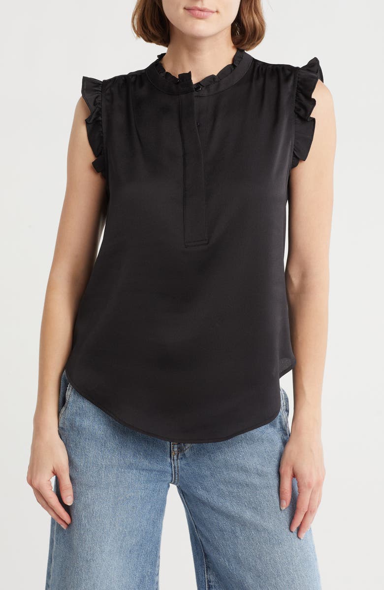 DKNY Ruffle Sleeve Covered Half Placket Satin Top, Main, color,