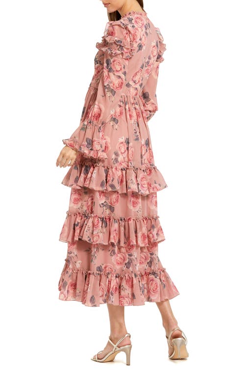 Mac Duggal Printed Long Sleeve Lace Up Front Tiered Ruffle Dress In Rose Multi