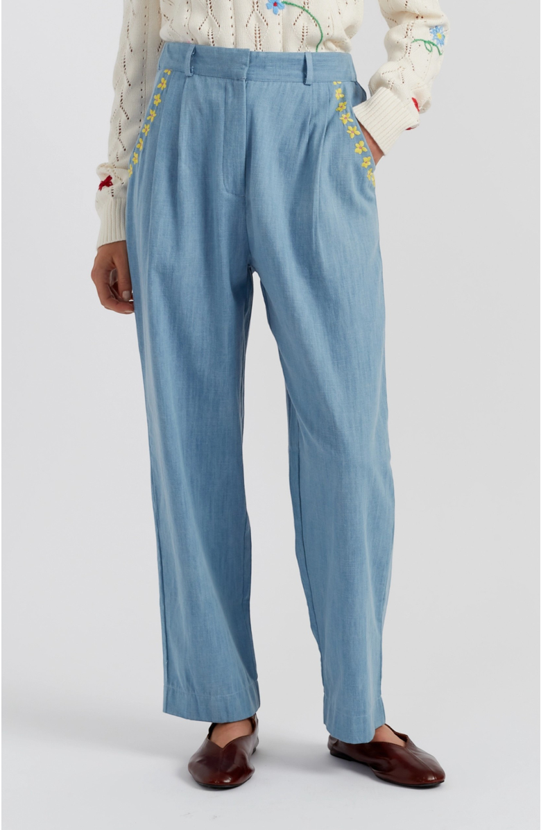 Chinti & Parker Chambray Daisy Wide-Leg Pants, Main, color, Spring Blue
