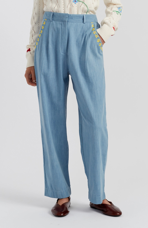 Chambray Daisy Wide-Leg Pants