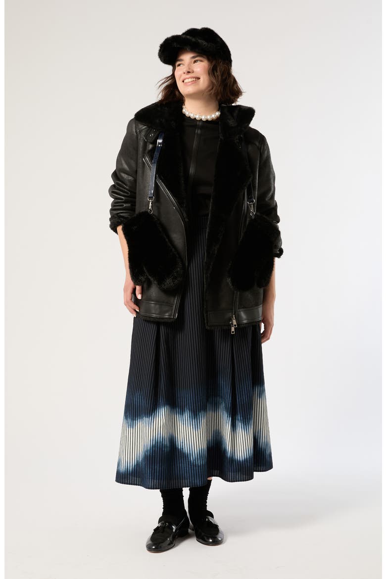 Faux Fur Trim Faux Leather Moto Jacket, Alternate, color, BLACK