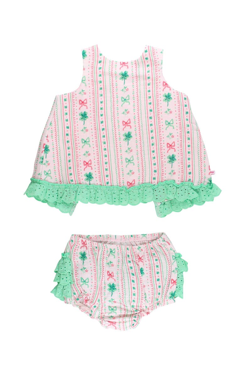 RuffleButts Cotton Gauze Swing Top and Bloomer Set, Main, color, Clover Bows 
Wishes