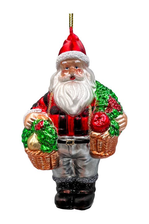 Farmer Santa With Harvest Baskets Glass Ornament