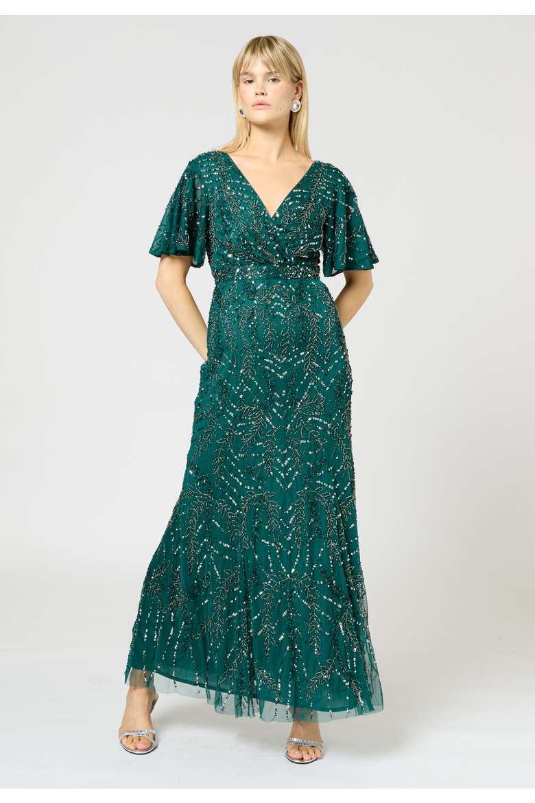 Embellished Sequins Wrap Neck Maxi, Alternate, color, EMERALD GREEN