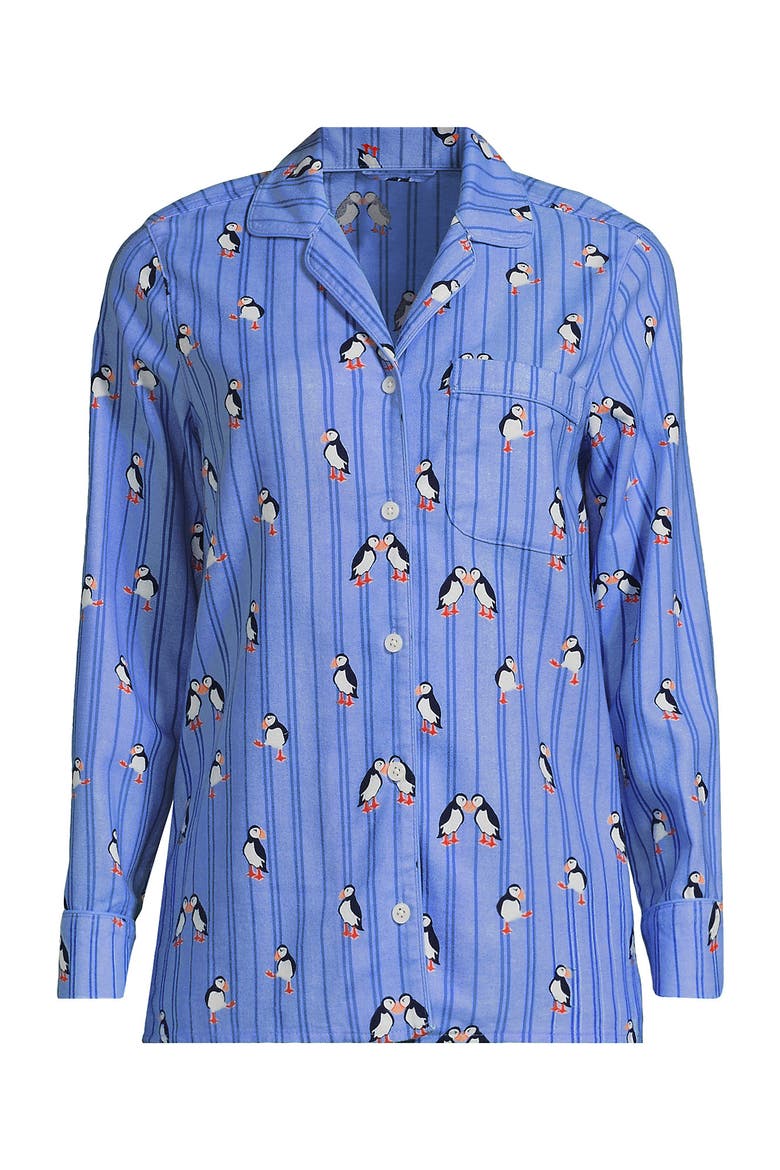 Plus Size Long Sleeve Print Flannel Pajama Top, Alternate, color, Clear Blue Playful Puffins