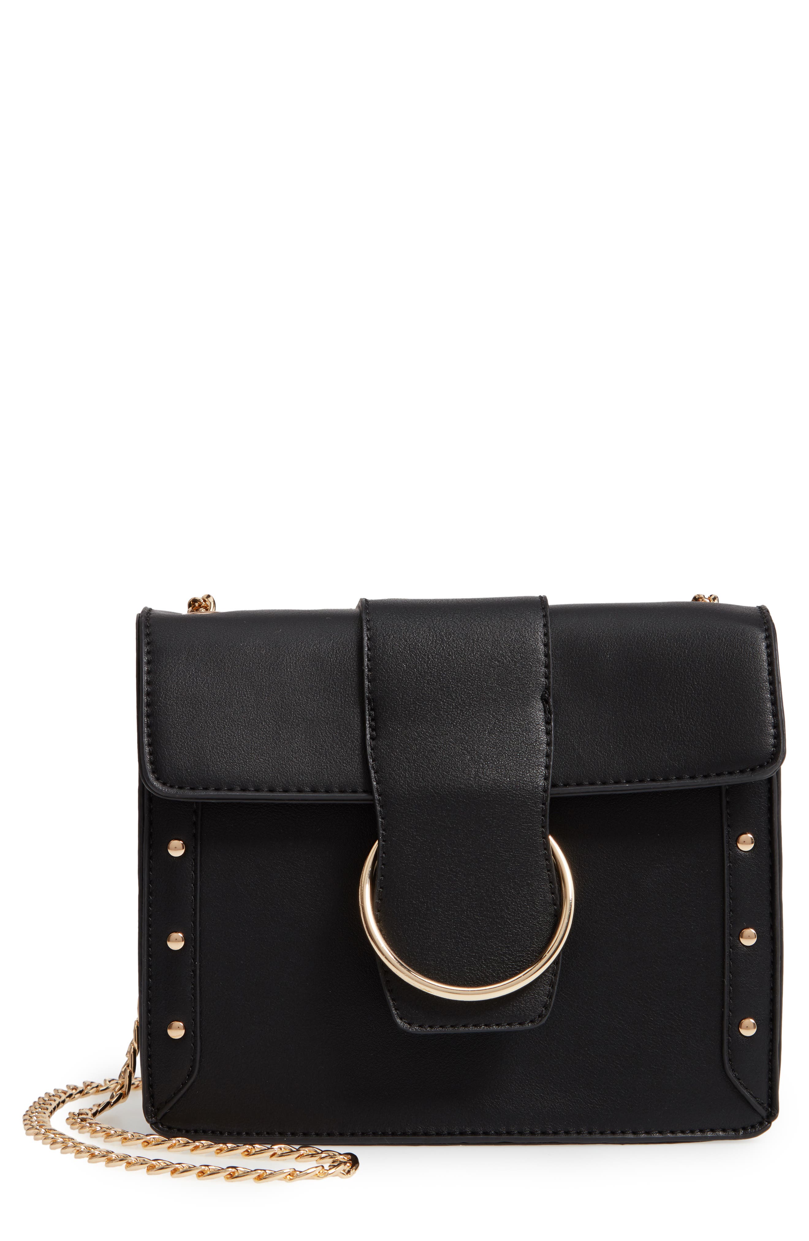 Metal Ring Faux Leather Crossbody Bag, Main, color, BLACK