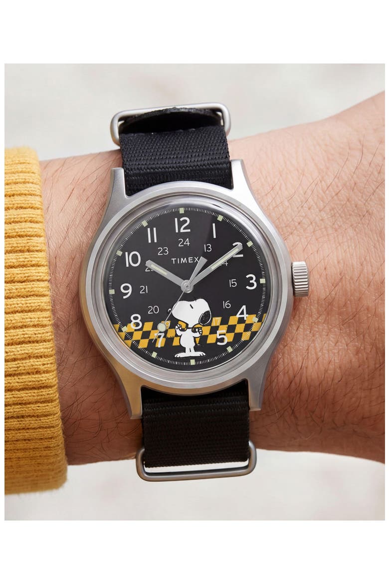 Peanuts Snoopy MK1 Racing Fabric Strap Watch, Alternate, color, BLACK