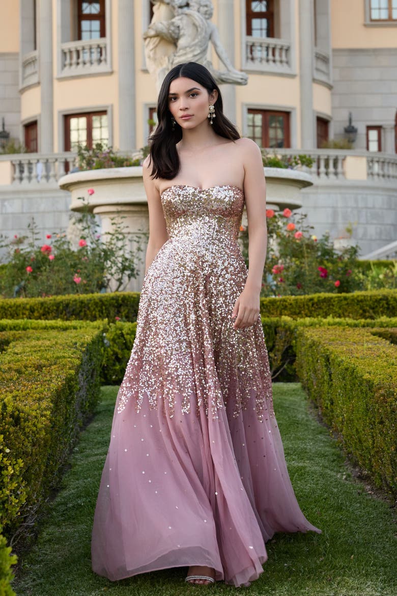 Strapless Sweetheart Neck Sequin Ombre Gown, Alternate, color, Gold Amethyst