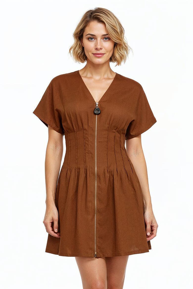 Short Sleeve Linen Mini Dress, Alternate, color, Brown