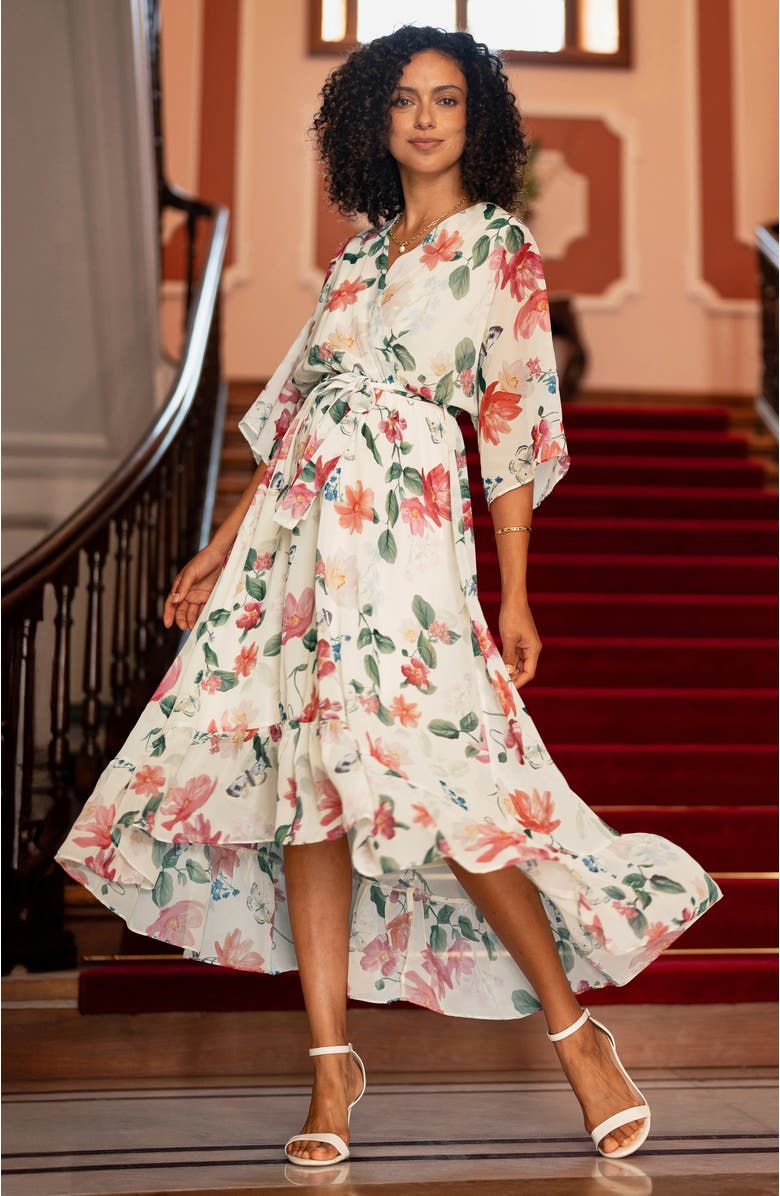 Yumi Floral Dip Hem Dress, Alternate, color, Ivory