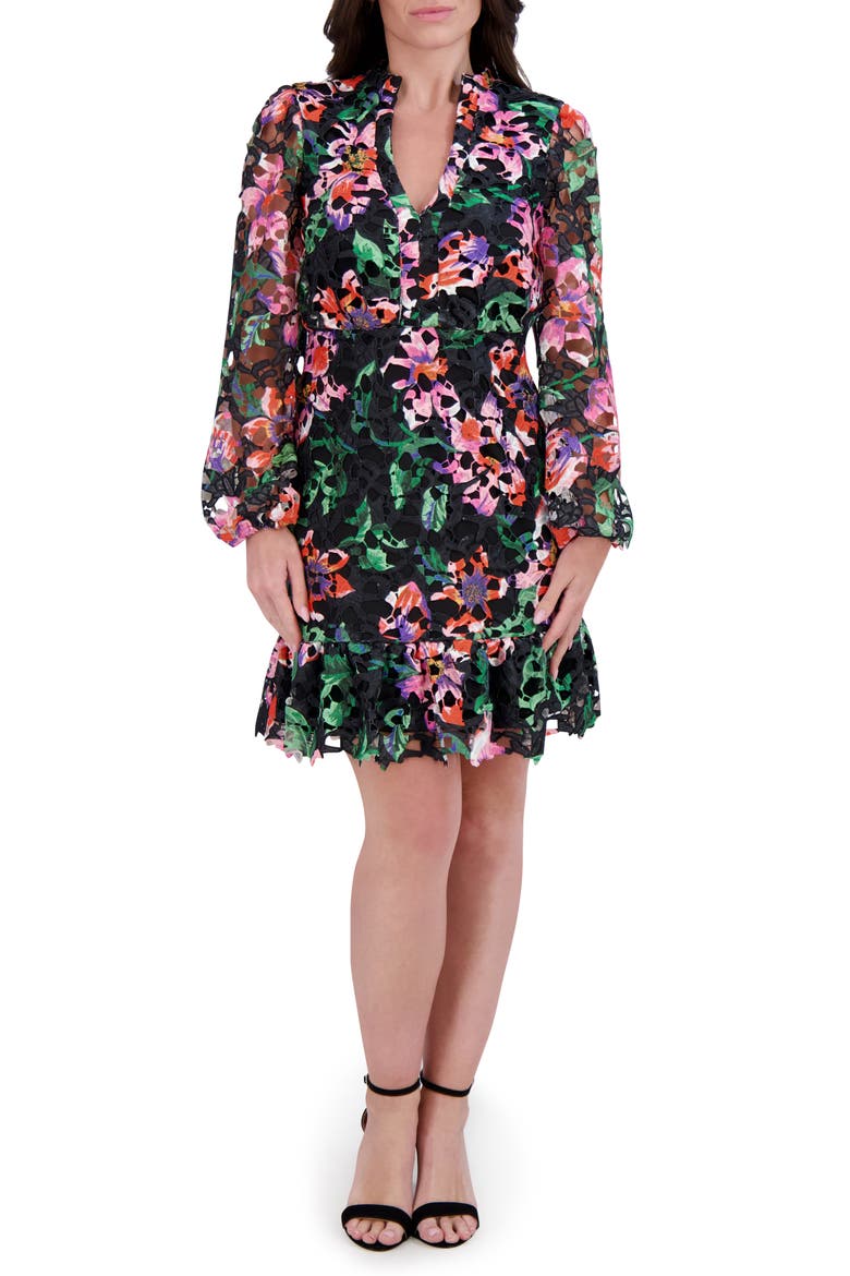 Printed Lace Long Sleeve Minidress, Main, color, BLACK MULTI