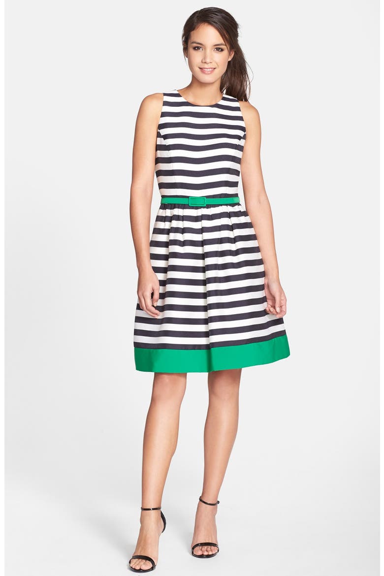 Belted Stripe Fit & Flare Dress, Alternate, color, NAVY/ IVORY/ GREEN