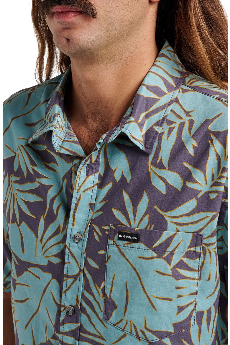Palm Trip Classic Leaf Print Short Sleeve Cotton Button-Up Shirt, Alternate, color, GRAYSTONE/ TURQUOISE