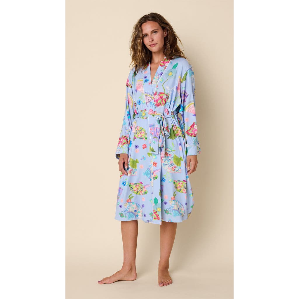 The Cat's Pajamas Pima Knit Kimono Robe Floral In Blue