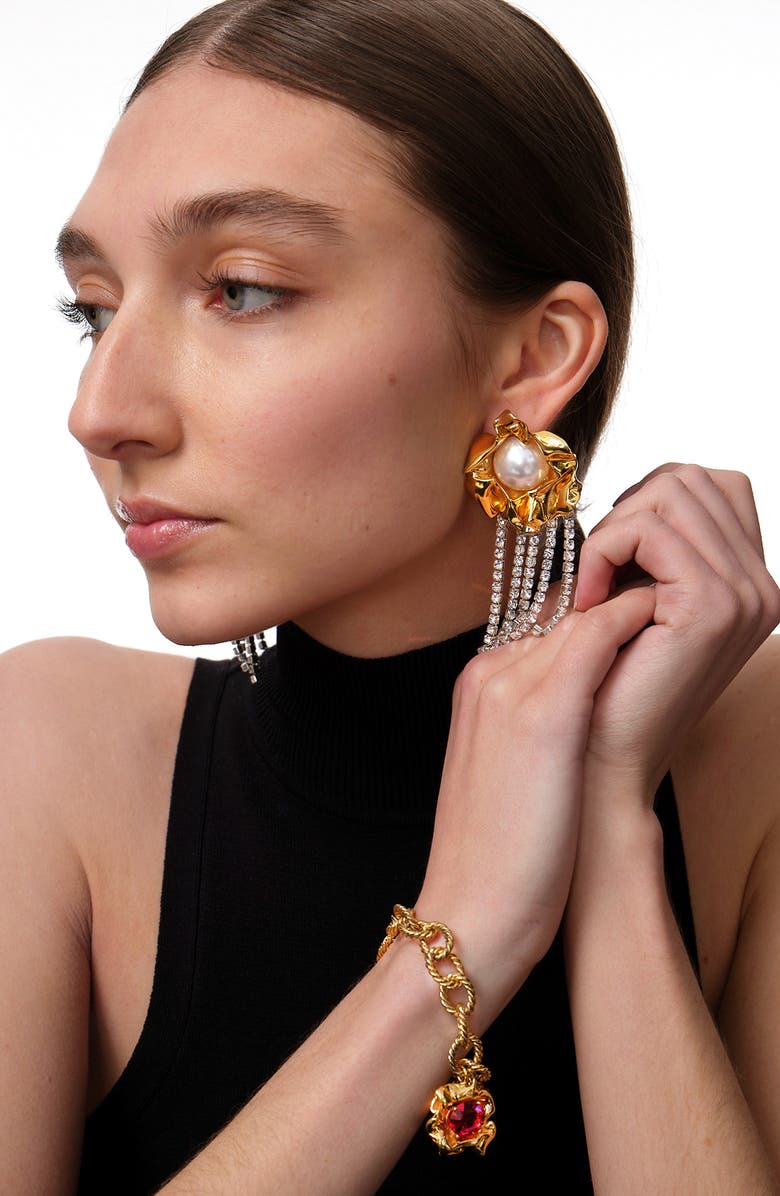 Sterling King Titania Imitation Pearl & Crystal Fringe Earrings, Alternate, color, Gold