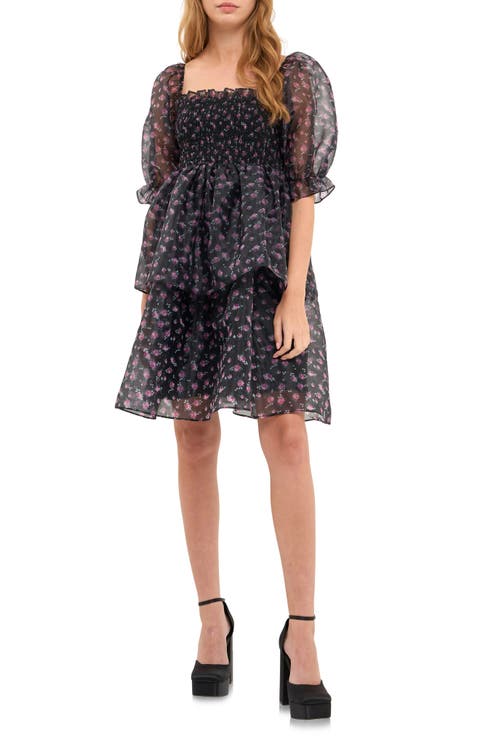Floral Shirred Puff Sleeve Organza Dress