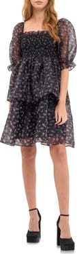 Endless Rose Floral Shirred Puff Sleeve Organza Dress