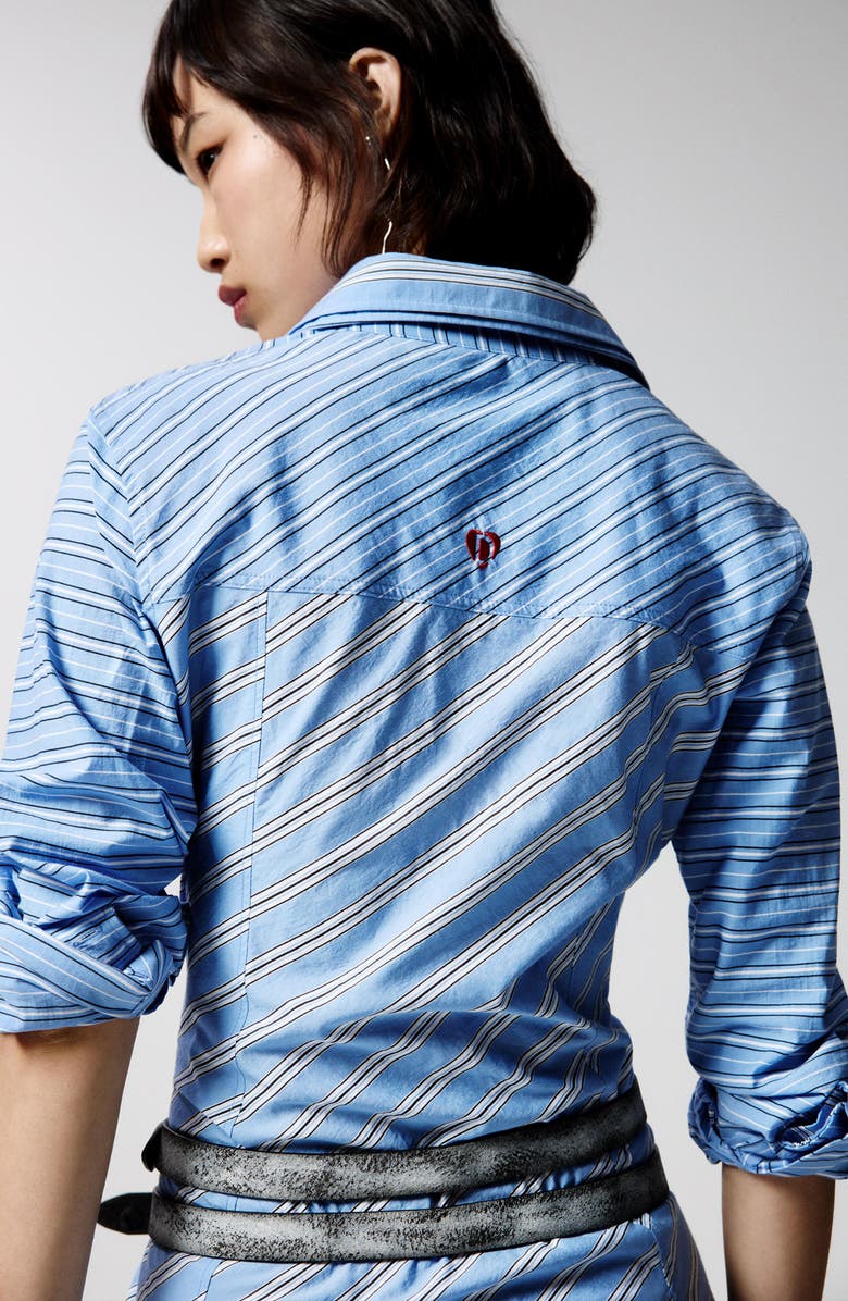 Desigual Stripe Godet Long Sleeve Cotton Poplin Mini Shirtdress, Alternate, color, Blue/White Stripe