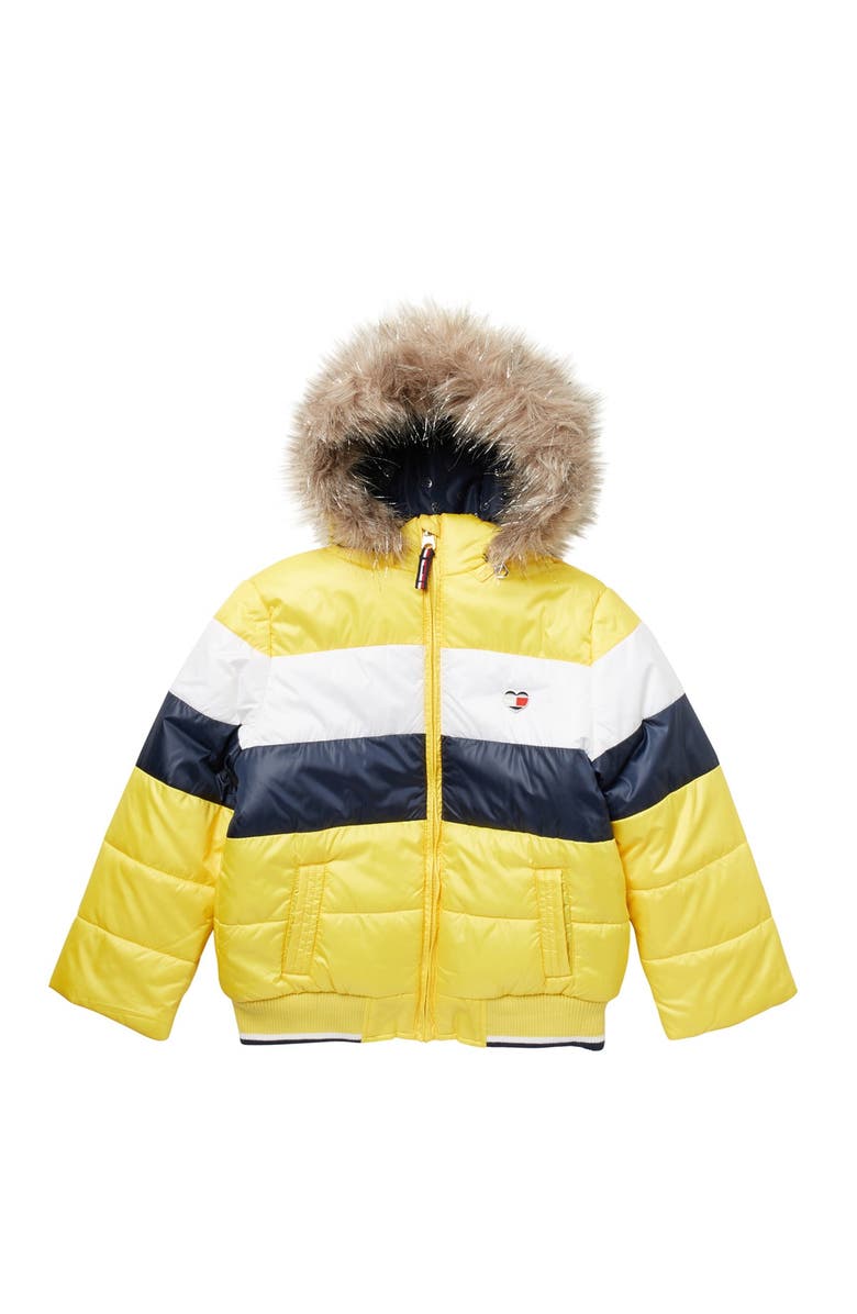 Tommy Hilfiger Colorblock Puffer With Removable Faux Fur Hood, Main, color,
