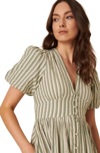 Starlight Stripe Puff Sleeve Organic Cotton Midi Dress