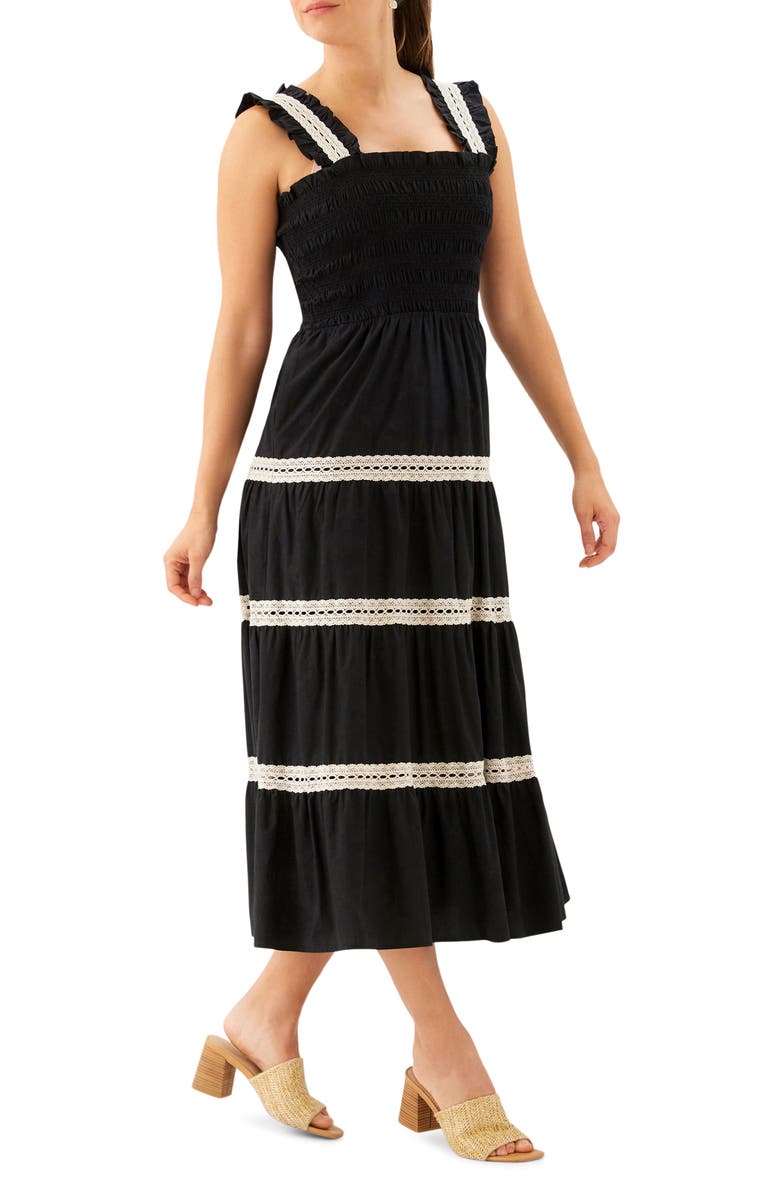 Karen Kane Tiered Midi Dress, Alternate, color, Black W/ Natural