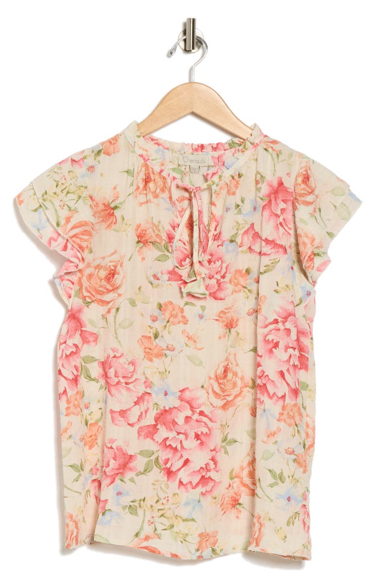 CHENAULT Flutter Sleeve Tie Front Top, Alternate, color, Ivory Multi