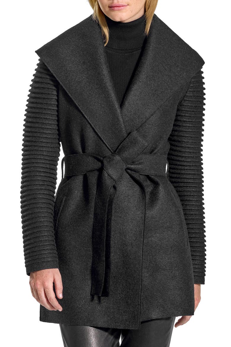 Rib Sleeve Alpaca & Wool Wrap Coat, Main, color, BLACK