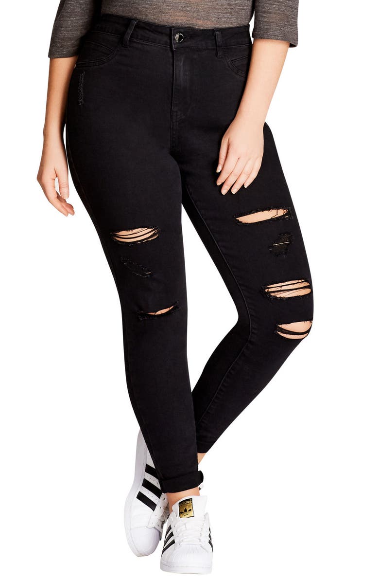City Chic Rock 'n' Roll Destroyed Skinny Jeans, Main, color, 