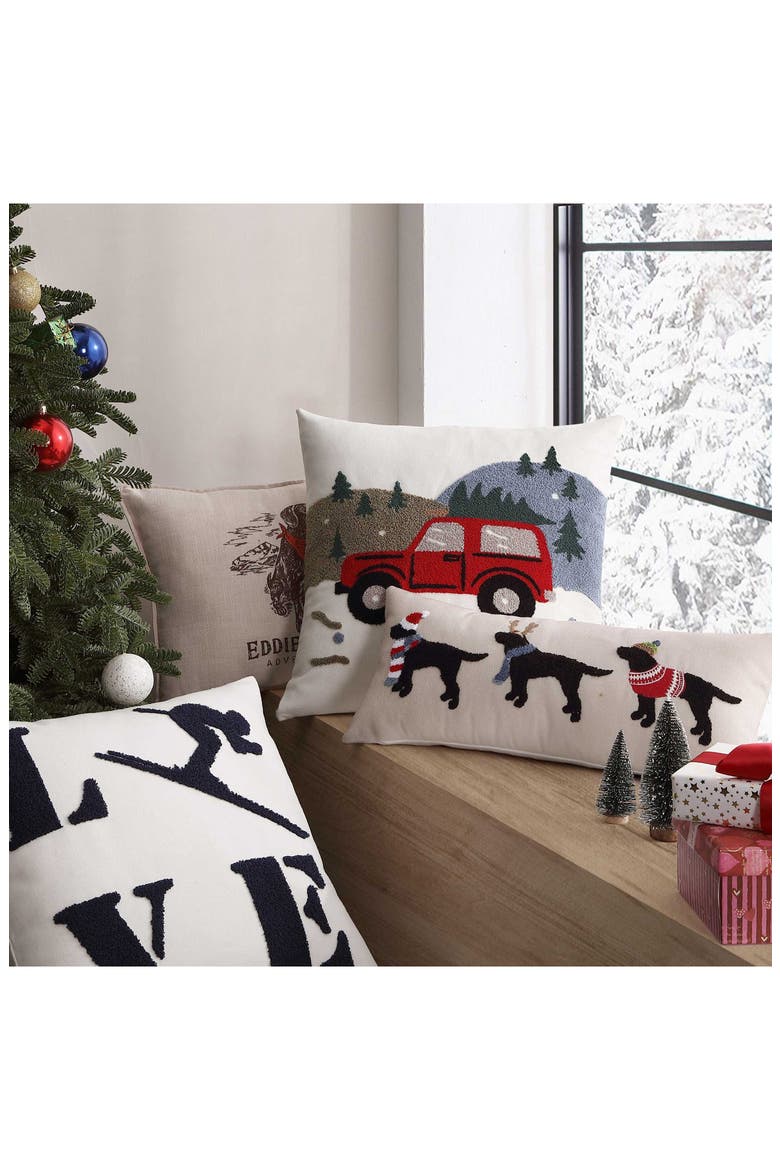 Holiday Truck Tree Cotton Decorative Pillow, Alternate, color, COCONUT/ BLUE/ RED