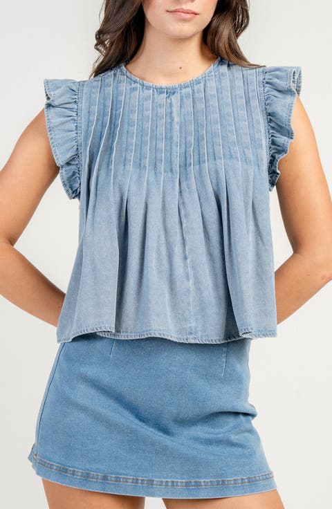 Ruffle Sleeve Washed Denim Top