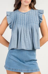 Beivy Ruffle Sleeve Washed Denim Top