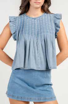 Beivy Ruffle Sleeve Washed Denim Top