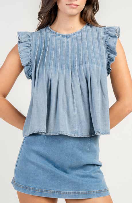 Beivy Ruffle Sleeve Washed Denim Top